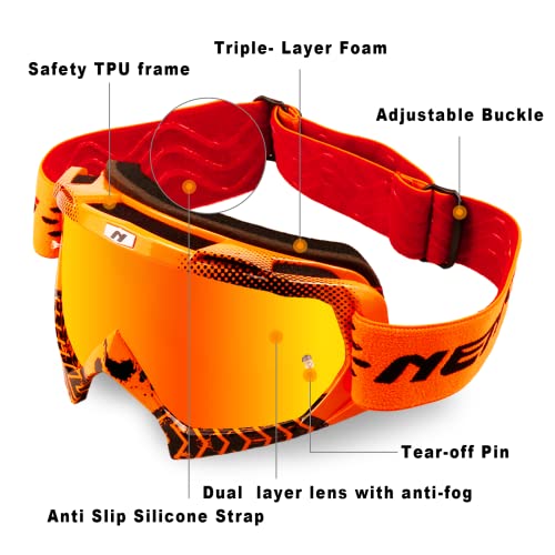 NENKI Dirt Bike Goggles for Men Women Motocross Goggles Motorcycle Goggles MX ATV Goggles Off Road Goggles with Anti Fog Lens UV Protection for Adult, Orange Tinted Lens - Image 3