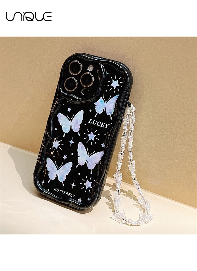 Unique - For iPhone 15 Pro Max Phone Case - Laser Butterfly Phone Case - TPU Protective Case - Shockproof Ultra Thin Phone Case Female Girl, Black / With Lanyard - Image 1