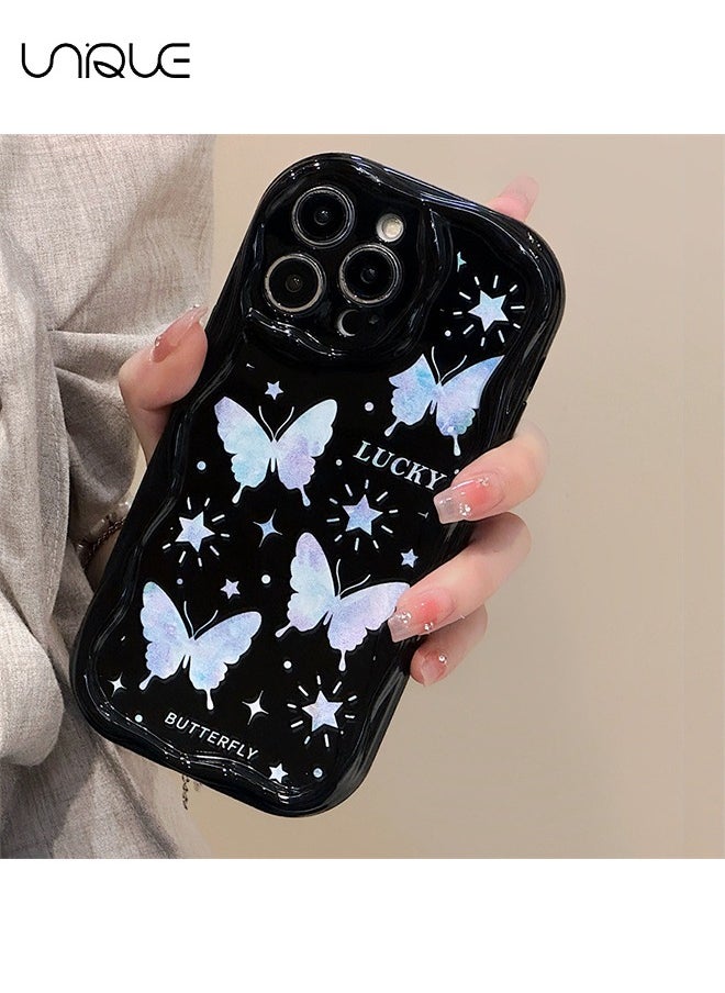 Unique - For iPhone 15 Pro Max Phone Case - Laser Butterfly Phone Case - TPU Protective Case - Shockproof Ultra Thin Phone Case Female Girl, Black / With Lanyard - Image 1