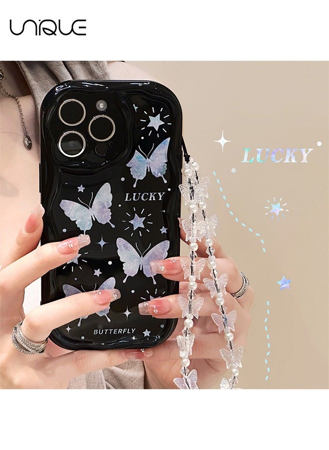 Unique - For iPhone 15 Pro Max Phone Case - Laser Butterfly Phone Case - TPU Protective Case - Shockproof Ultra Thin Phone Case Female Girl, Black / With Lanyard - Image 1