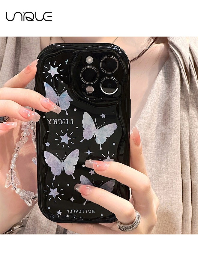 Unique - For iPhone 15 Pro Max Phone Case - Laser Butterfly Phone Case - TPU Protective Case - Shockproof Ultra Thin Phone Case Female Girl, Black / With Lanyard - Image 1