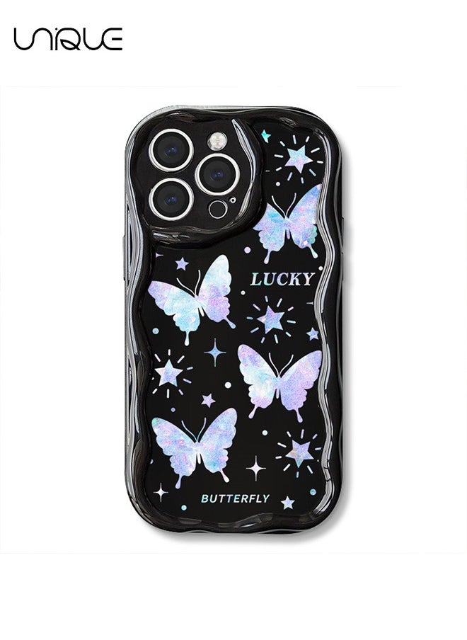 Unique - For iPhone 15 Pro Max Phone Case - Laser Butterfly Phone Case - TPU Protective Case - Shockproof Ultra Thin Phone Case Female Girl, Black / With Lanyard - Image 1