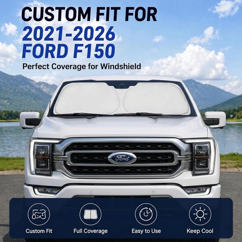 غطاء زجاج أمامي مخصص لفورد F150 F250 F350 2021-2026 | غطاء زجاج أمامي مخصص، يحجب الأشعة فوق البنفسجية، درع حراري مزدوج الطبقات، إطار متين، سهل التخزين - Image 2