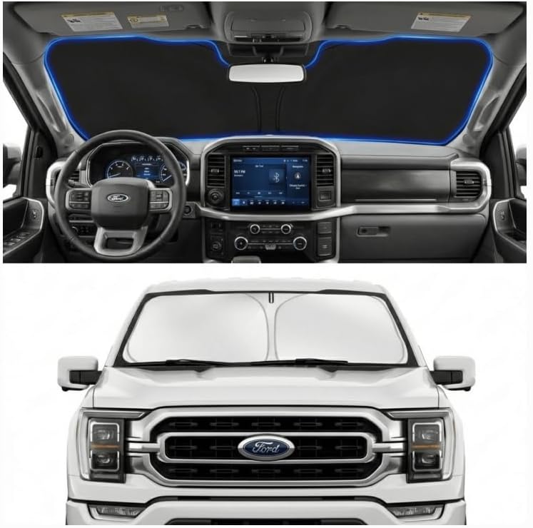 غطاء زجاج أمامي مخصص لفورد F150 F250 F350 2021-2026 | غطاء زجاج أمامي مخصص، يحجب الأشعة فوق البنفسجية، درع حراري مزدوج الطبقات، إطار متين، سهل التخزين - Image 1