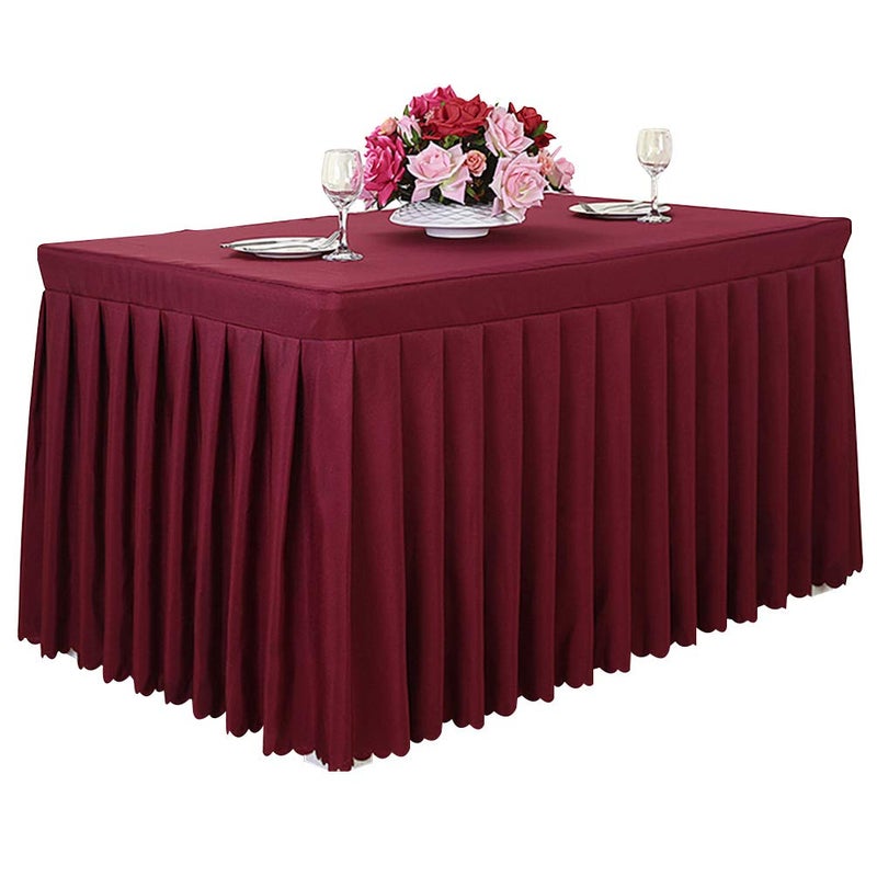 Tina's Tina 8 ft Polyester Fitted Tablecloth Table Skirt for Wedding Banquet Trade Show Burgundy
