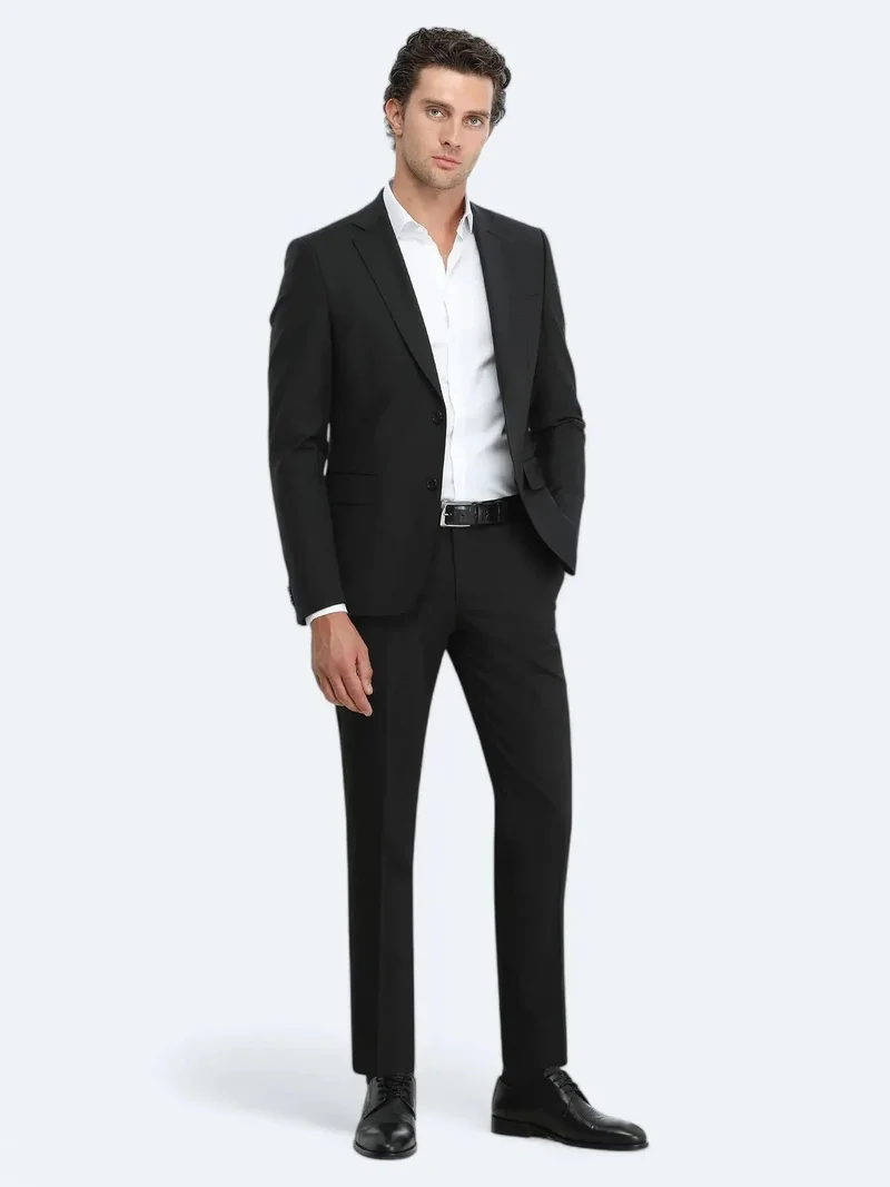 Kip Black Plain Modern Fit Wool Blended Suit