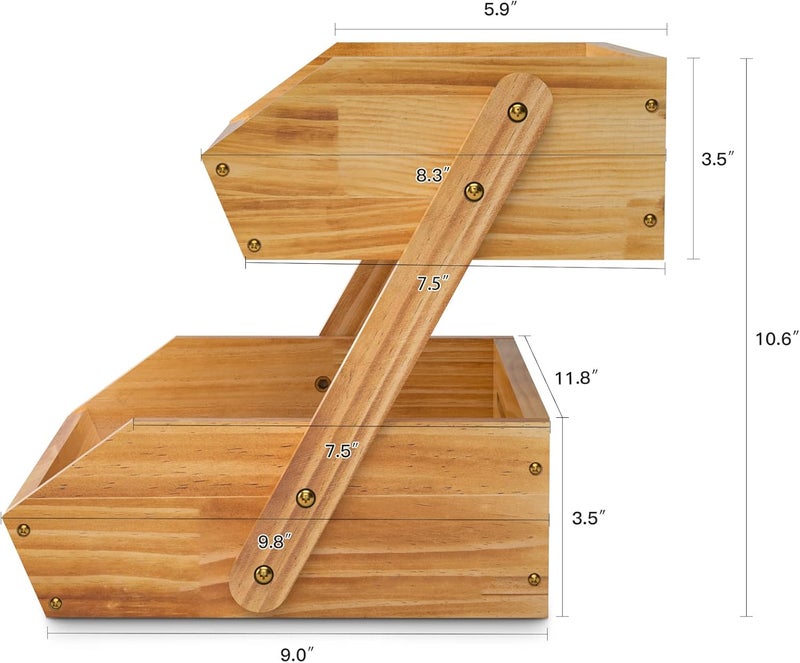 Merysen 2 Tier Wooden Fruit Basket For Kitchen Bread Vegetable Fruit Basket Bowl Stand Farmhouse Fruit Bowl for Countertop Large - Image 5