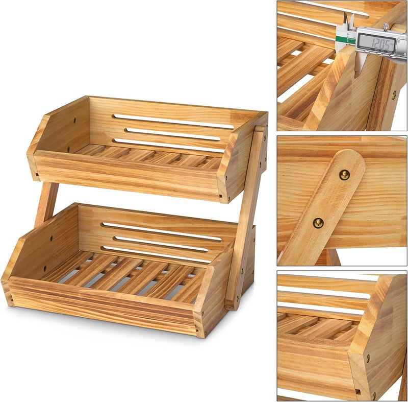 Merysen 2 Tier Wooden Fruit Basket For Kitchen Bread Vegetable Fruit Basket Bowl Stand Farmhouse Fruit Bowl for Countertop Large - Image 3