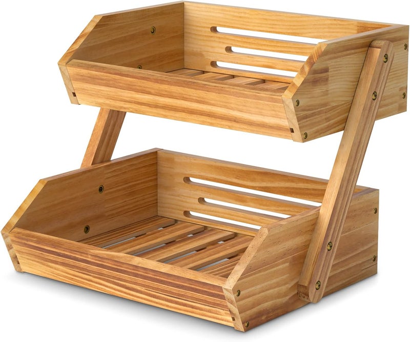 Merysen 2 Tier Wooden Fruit Basket For Kitchen Bread Vegetable Fruit Basket Bowl Stand Farmhouse Fruit Bowl for Countertop Large - Image 1