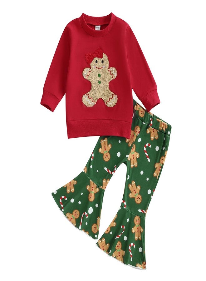 Karuedoo Toddler Baby Girl Christmas Outfit Gingerbread Embroidery Crewneck Sweatshirt Top Flare Pants Sets Winter Clothes (A-Red Green, 18-24 Months) - Image 1