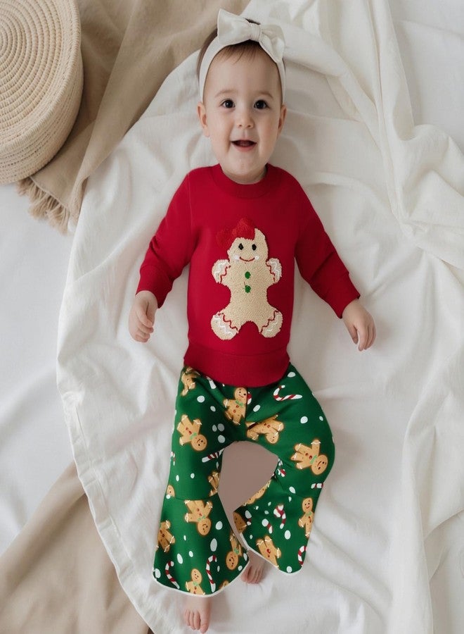 Karuedoo Toddler Baby Girl Christmas Outfit Gingerbread Embroidery Crewneck Sweatshirt Top Flare Pants Sets Winter Clothes (A-Red Green, 18-24 Months) - Image 5