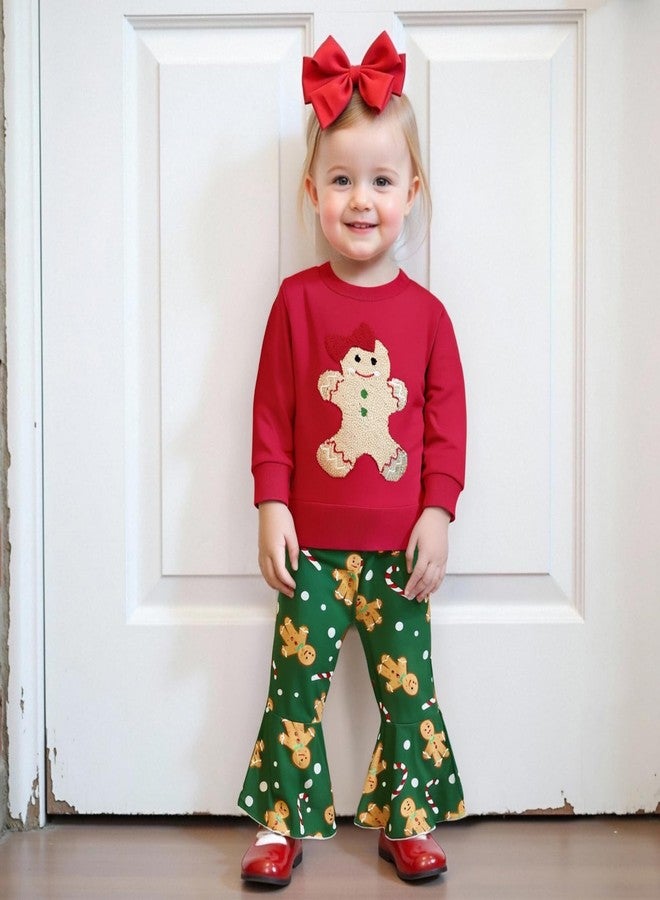Karuedoo Toddler Baby Girl Christmas Outfit Gingerbread Embroidery Crewneck Sweatshirt Top Flare Pants Sets Winter Clothes (A-Red Green, 18-24 Months) - Image 3