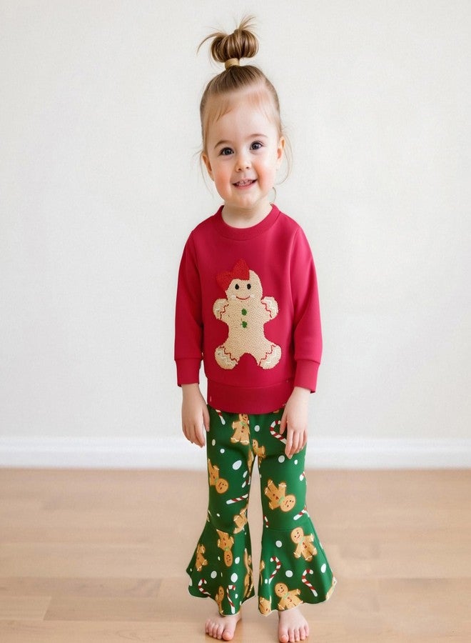 Karuedoo Toddler Baby Girl Christmas Outfit Gingerbread Embroidery Crewneck Sweatshirt Top Flare Pants Sets Winter Clothes (A-Red Green, 18-24 Months) - Image 4