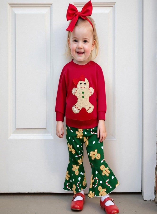Karuedoo Toddler Baby Girl Christmas Outfit Gingerbread Embroidery Crewneck Sweatshirt Top Flare Pants Sets Winter Clothes (A-Red Green, 18-24 Months) - Image 2