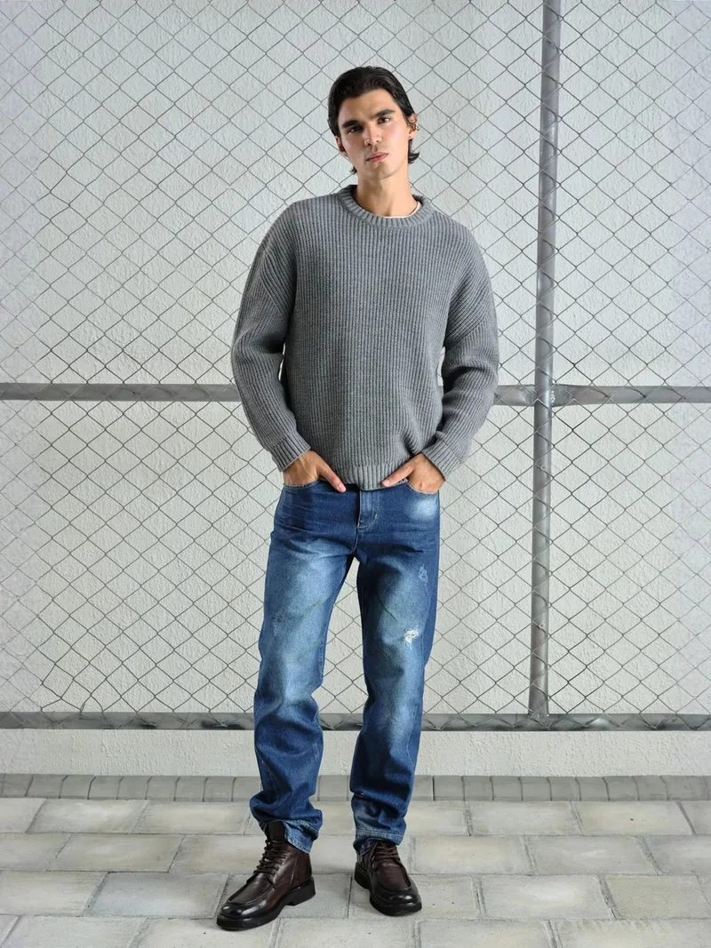 جيستو GIESTO Thick Ribbed Knitwear Crew Neck Sweater