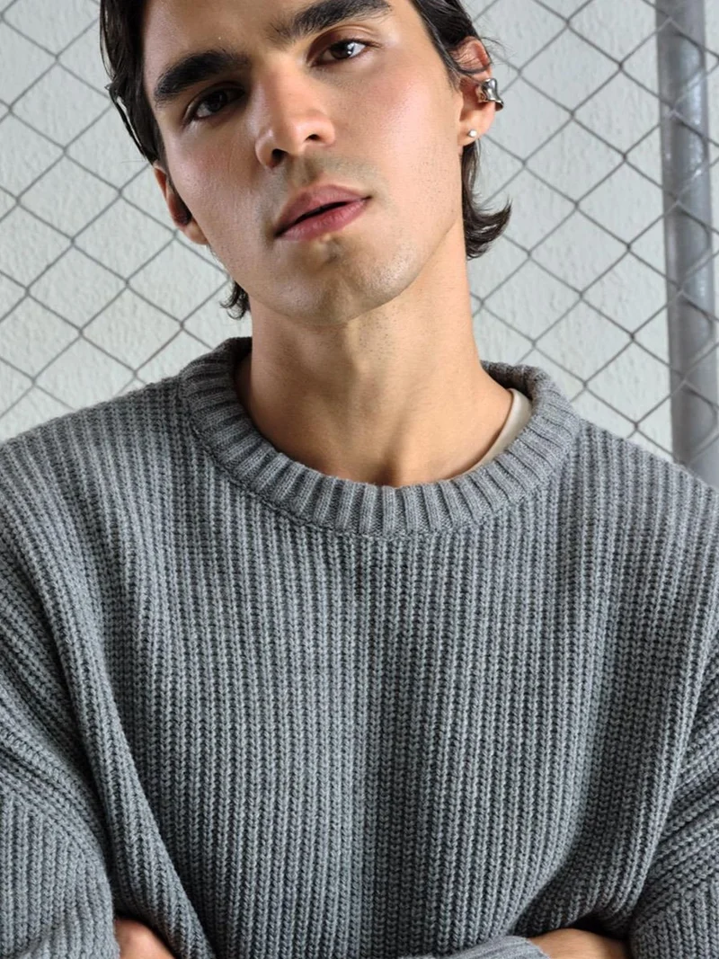 Giesto Grey GIESTO Thick Ribbed Knitwear Crew Neck Sweater for Men | Best Price UAE