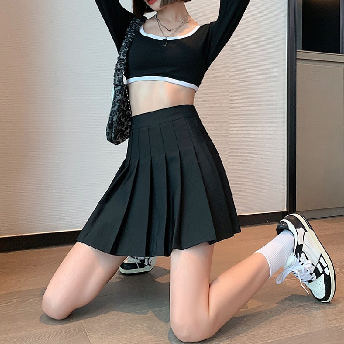 Grey Pleated Skirt Women'S 2024 A- Line Skirt Belly Covering Slimming Half-Length Skirt Solid Color Retro College Style Skirt - Image 1