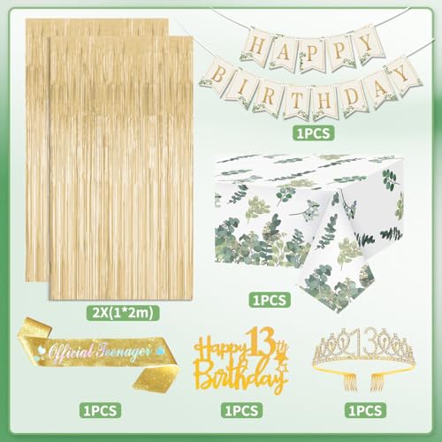 KISPATTI 13th Birthday Decorations for Girls Sage Green 13 Birthday Girl Decorations Happy Birthday Banner Bday Sash Crown Tablecloth Fringe Curtain Official Teenager Decor 13 Year Old Girl Bday - Image 5