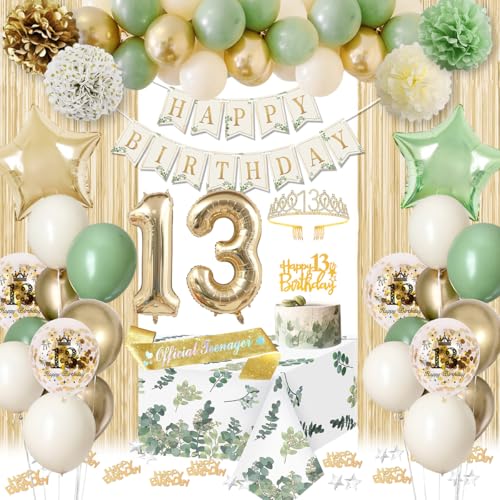 KISPATTI 13th Birthday Decorations for Girls Sage Green 13 Birthday Girl Decorations Happy Birthday Banner Bday Sash Crown Tablecloth Fringe Curtain Official Teenager Decor 13 Year Old Girl Bday - Image 1