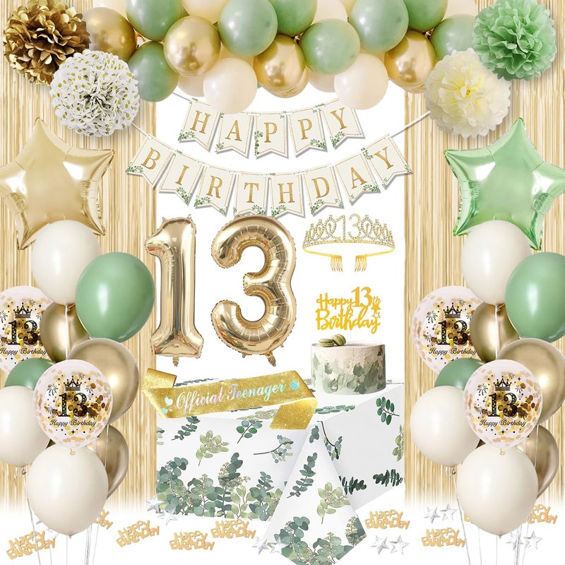 KISPATTI 13th Birthday Decorations for Girls Sage Green 13 Birthday Girl Decorations Happy Birthday Banner Bday Sash Crown Tablecloth Fringe Curtain Official Teenager Decor 13 Year Old Girl Bday - Image 3