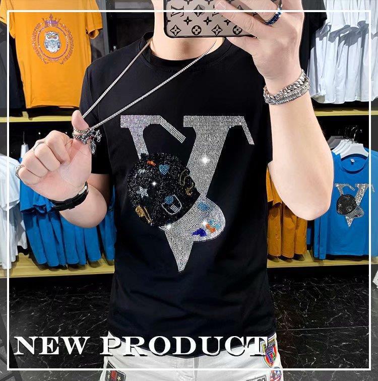 2024 New Summer Fashion Brand Mens Hot Drilling Sequin Clothes Young Spiritual Guy Slim-fit Handsome Short-sleeved T-shirt Black - Image 3
