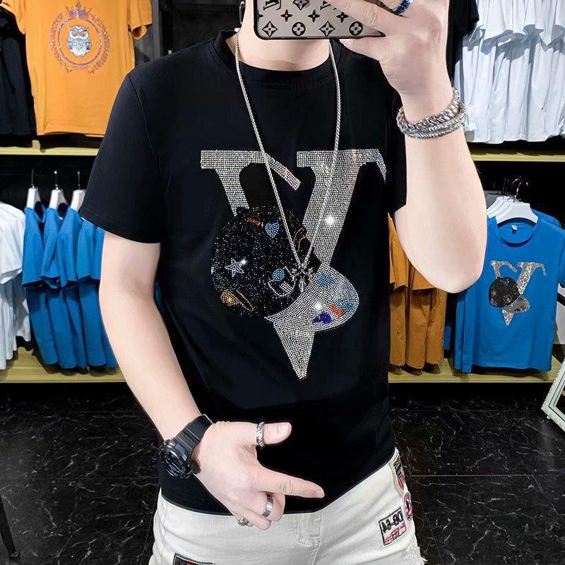 2024 New Summer Fashion Brand Mens Hot Drilling Sequin Clothes Young Spiritual Guy Slim-fit Handsome Short-sleeved T-shirt Black - Image 1