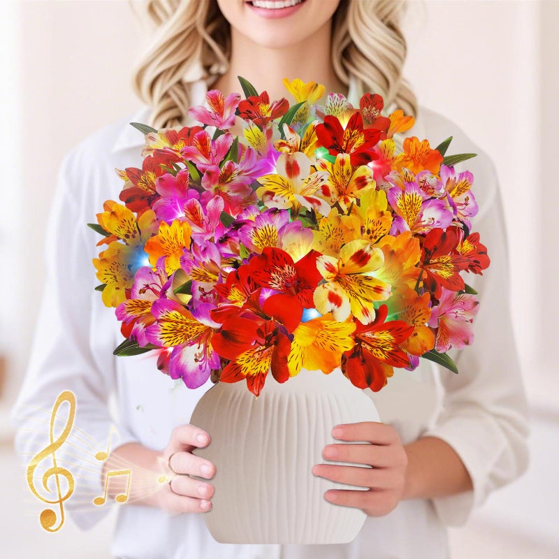 XTF2015 3D Pop Up Mothers Day Cards, Mother's Day Card, Paper Bouquet Birthday Greeting Card with Music & Colorful Lights, 12 Inch Life Sized Forever Flower Bouquet Mother's Day Cards for Women Mom Grandma - Image 1