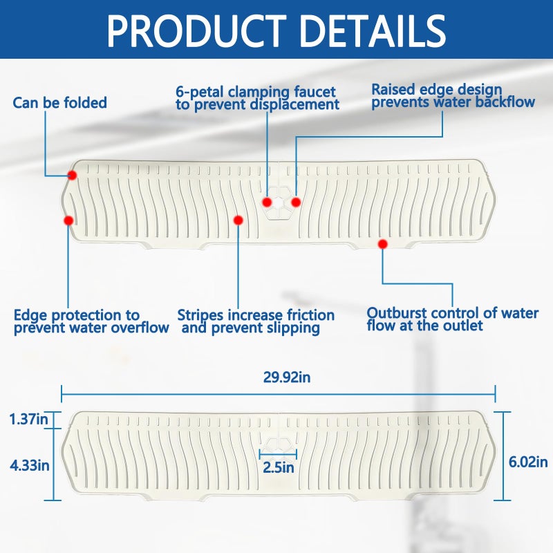 EBIGIC Kitchen Sink Splash Guard Gen2-30" x 6'' Silicone Sink Mat Splash Guard fit for Countertop, Bathroom,Farmhouse,RV by EBIGIC (off white) - Image 2