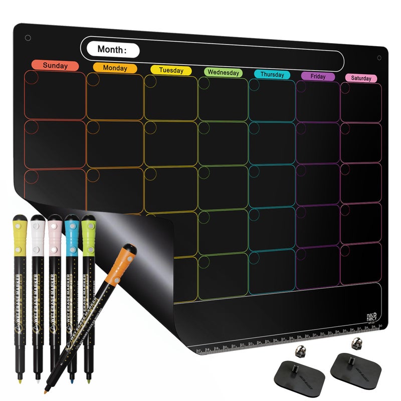 MAG-FANCY Magnetic Calendar for Refrigerator Dry Erase Calendar Black Monthly Chalkboard Planning Board 6 Fine Tip Wet Erase Markers & Mounts for Wall Hanging - Image 1