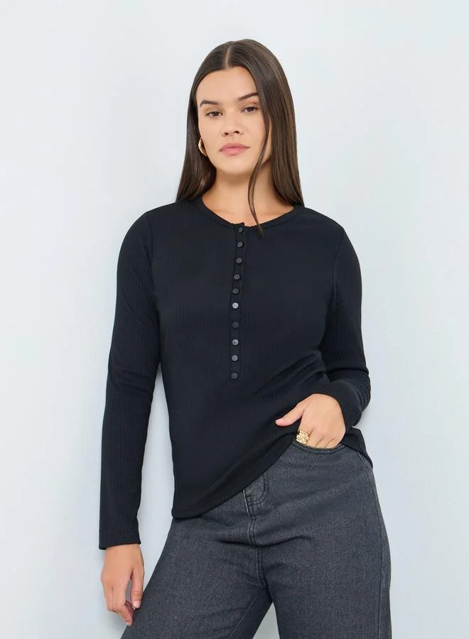 ستايلي بلوزة محبوكة مضلعة بأكمام طويلة وشريط أزرار