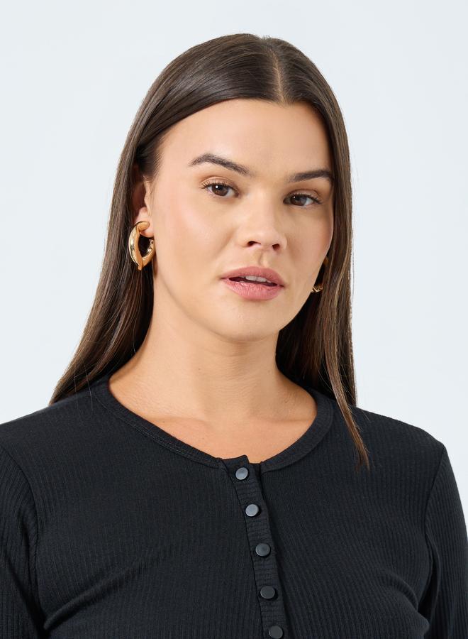 ستايلي بلوزة محبوكة مضلعة بأكمام طويلة وشريط أزرار - Image 3