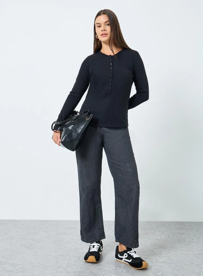 ستايلي بلوزة محبوكة مضلعة بأكمام طويلة وشريط أزرار