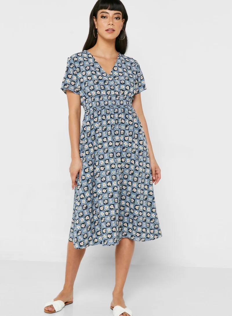 ELLA Printed V Neck Dress
