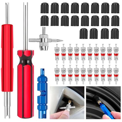 STHIRA® Tyre Valve Core Repair Tool Kit Set of 44Pcs Presta Valve Core Repair Tool Kit Includes 4 Valve Remover Assembly Tools, 20 Pieces Valve Core, 20 Pieces Tyre Valve Caps for Car Tyre, Bike Tyre - Image 1