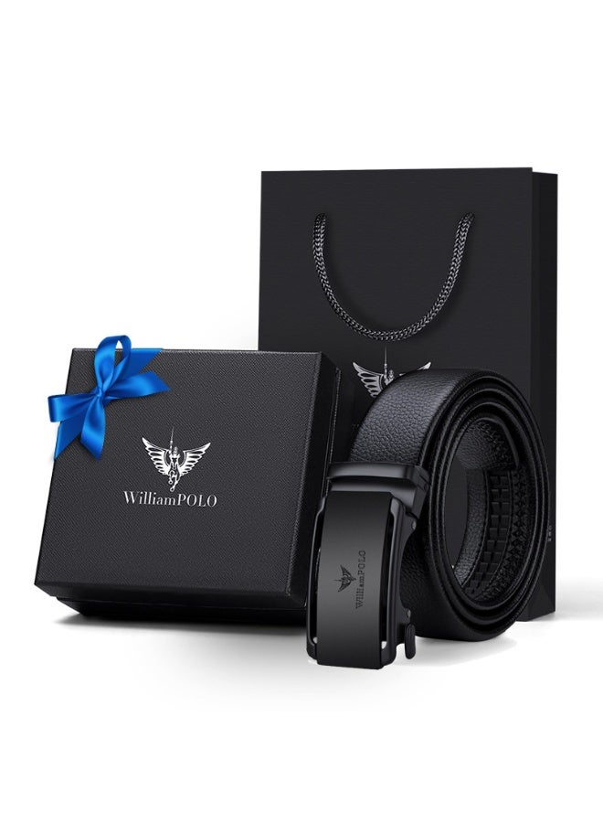 William Polo Men's Zinc Alloy Ratchet Belt, 125cm Black Leather Belt With Adjustable Automatic Buckle Genuine Leather Belt for Business & Formal Wear Fashion Belt Gift for Men - Image 1