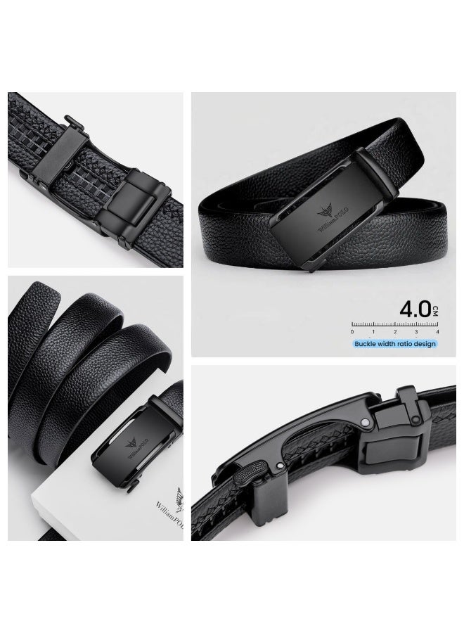 William Polo Men's Zinc Alloy Ratchet Belt, 125cm Black Leather Belt With Adjustable Automatic Buckle Genuine Leather Belt for Business & Formal Wear Fashion Belt Gift for Men - Image 2