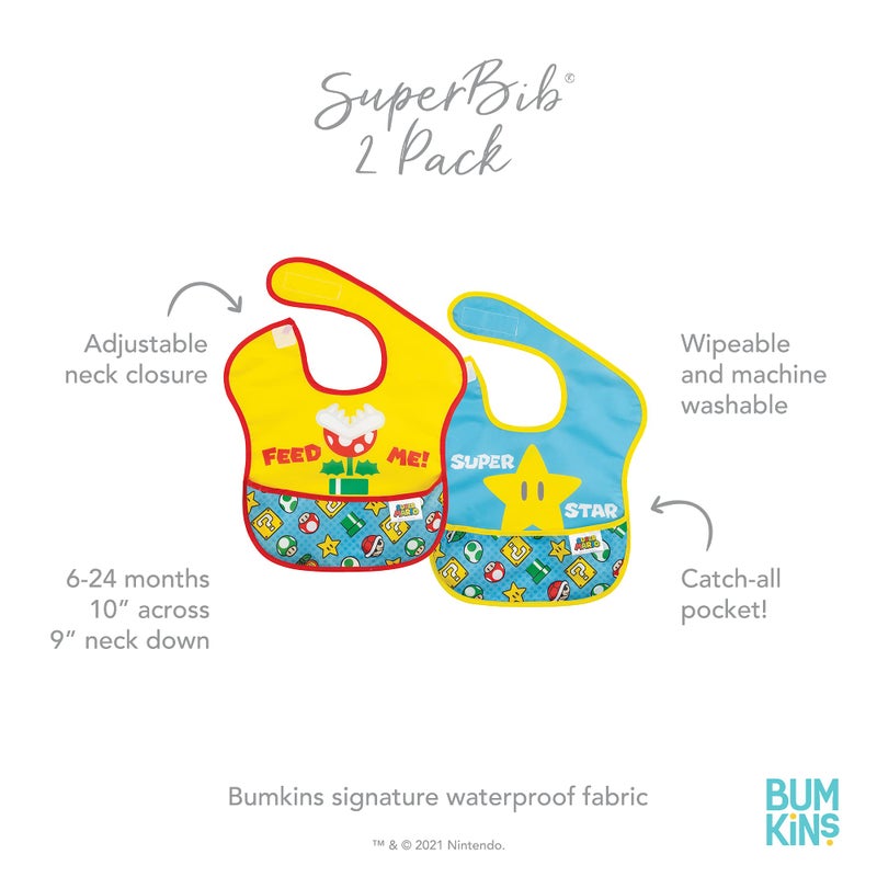 Bumkins Nintendo Bibs for Girl or Boy, SuperBib Baby and Toddler for 6-24 Months, Essential Must Have for Eating, Feeding, Baby Led Weaning, Waterproof Soft Fabric, 2-pk Super Mario Expressions - Image 5
