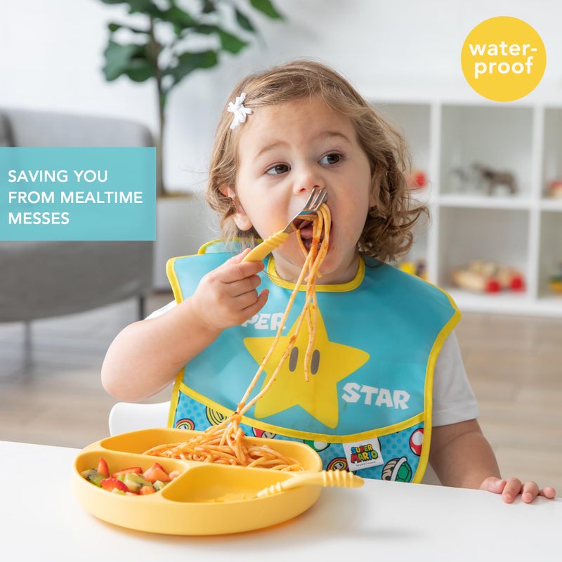 Bumkins Nintendo Bibs for Girl or Boy, SuperBib Baby and Toddler for 6-24 Months, Essential Must Have for Eating, Feeding, Baby Led Weaning, Waterproof Soft Fabric, 2-pk Super Mario Expressions - Image 2