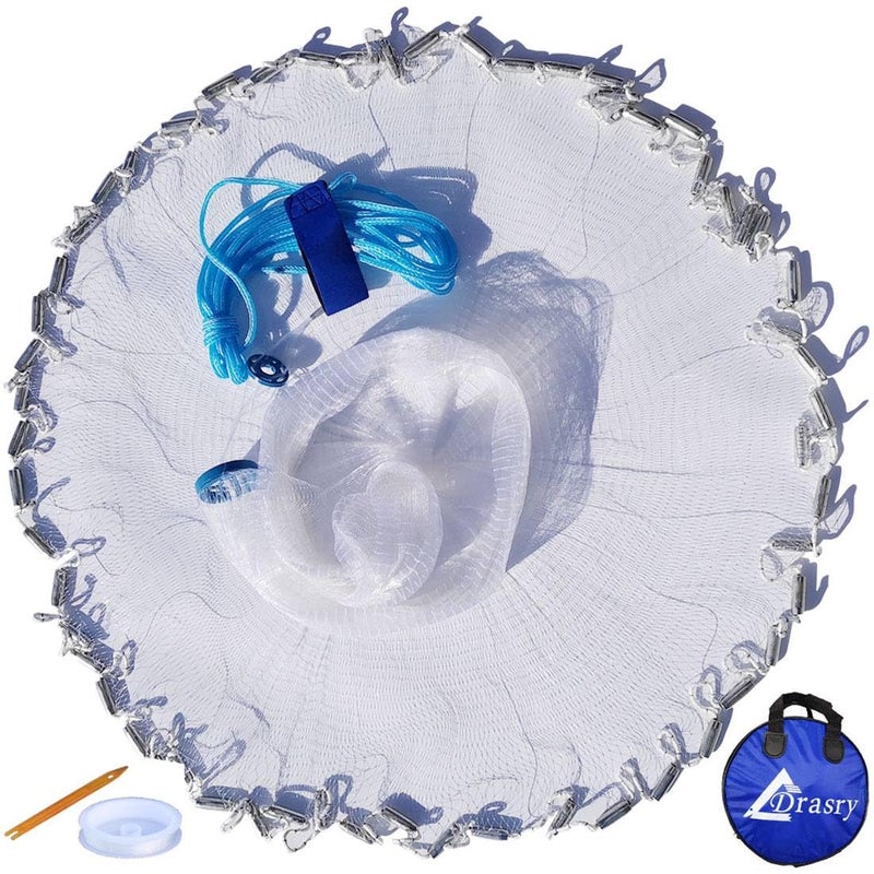 Drasry Saltwater American Fishing Cast Net 3/8Inch Mesh Size For Bait Shrimp Trap Fish Heavy Duty Sinkers Throw Net 3Ft To 12Ft Radius 6Ft Radius - Image 1