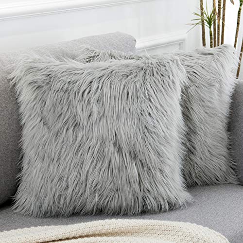 WLNUI Set of 2 Light Grey Christmas Decorative Pillow Covers New Luxury Series Merino Style Faux Fur Fluffy Throw Pillow Covers Fuzzy Cushion Case for Sofa Bedroom Living Room Home Decor 18x18 Inch - Image 1