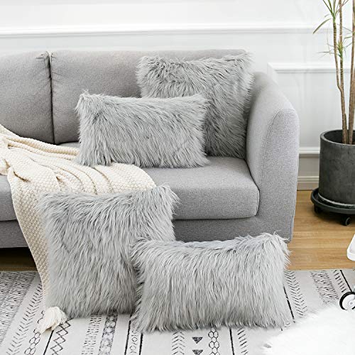 WLNUI Set of 2 Light Grey Christmas Decorative Pillow Covers New Luxury Series Merino Style Faux Fur Fluffy Throw Pillow Covers Fuzzy Cushion Case for Sofa Bedroom Living Room Home Decor 18x18 Inch - Image 2