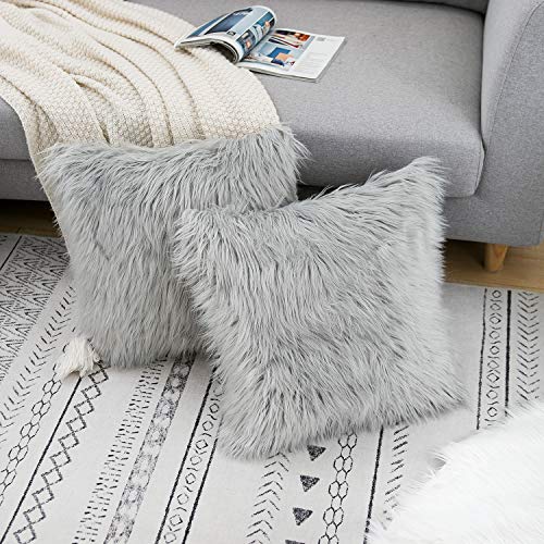 WLNUI Set of 2 Light Grey Christmas Decorative Pillow Covers New Luxury Series Merino Style Faux Fur Fluffy Throw Pillow Covers Fuzzy Cushion Case for Sofa Bedroom Living Room Home Decor 18x18 Inch - Image 3