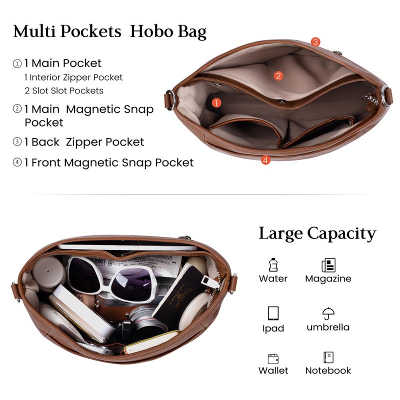 befen Genuine Leather Purses for Women, Brown leather Purse Trendy Large Crossbody Bag Soft Real Leather Hobo Bag with 2 Detachable Straps Designer Womens Shoulder Handbag for Travel & Everyday - Image 4