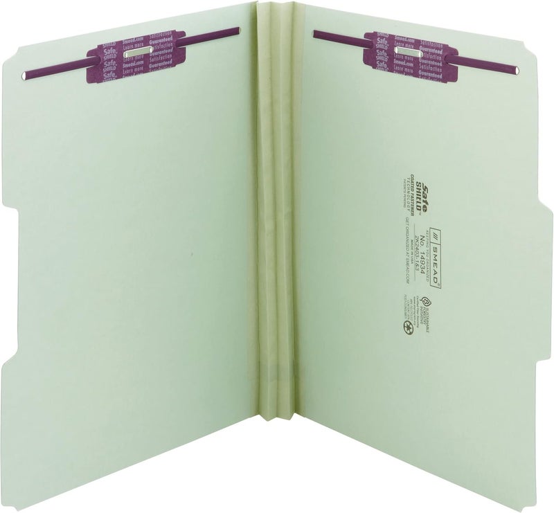 Smead Pressboard Fastener File Folder with SafeSHIELD Fasteners 2 Fasteners 13Cut Tab 2 Expansion Letter Size GrayGreen 25 per Box 14934 - Image 1