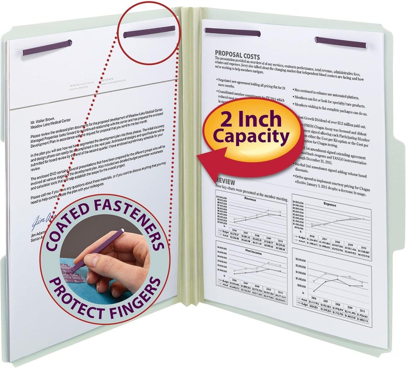Smead Pressboard Fastener File Folder with SafeSHIELD Fasteners 2 Fasteners 13Cut Tab 2 Expansion Letter Size GrayGreen 25 per Box 14934 - Image 2