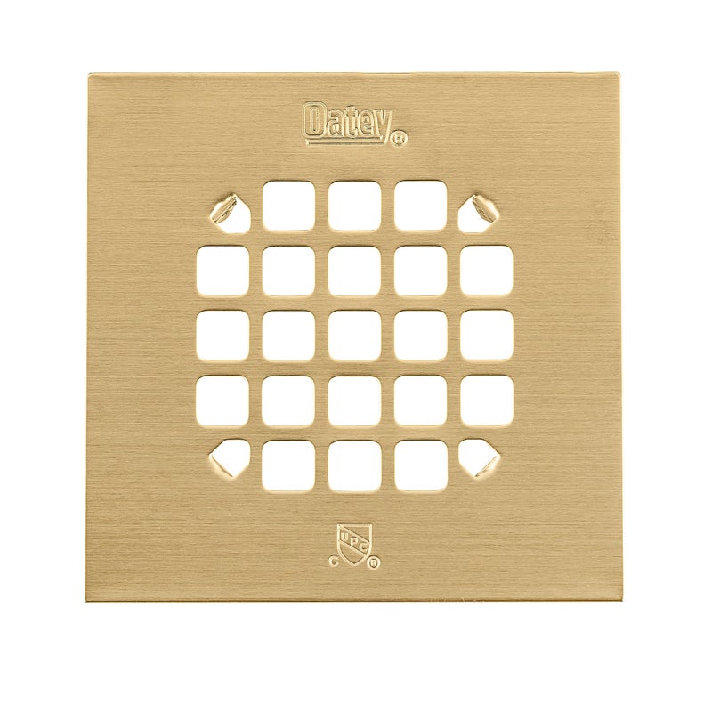 Oatey 42361 Universal 4-1/4 Square Shower Brushed Gold Snap-Tite Strainer - Image 1