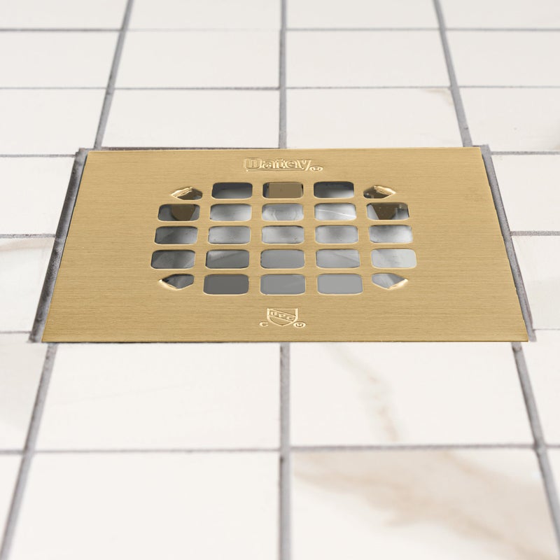 Oatey 42361 Universal 4-1/4 Square Shower Brushed Gold Snap-Tite Strainer - Image 3
