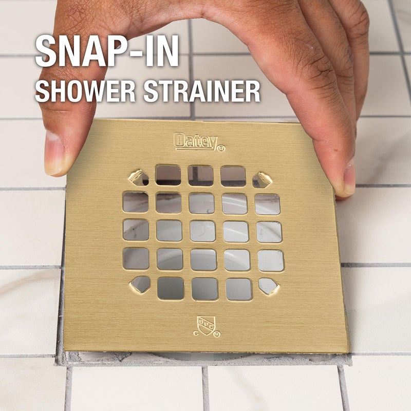 Oatey 42361 Universal 4-1/4 Square Shower Brushed Gold Snap-Tite Strainer - Image 2