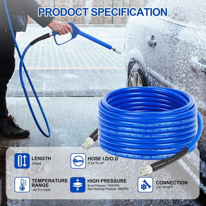 Generic 25FT Sewer Jetter Kit for Pressure Washer, 5800 PSI Water Jet Drain Cleaner Hose with Corner Rotating Button Nose Sewer Jetting Nozzle 1/4'' NPT, Sewer Jetter Nozzles Kit with Spanner Strap(Blue)  - Image 2