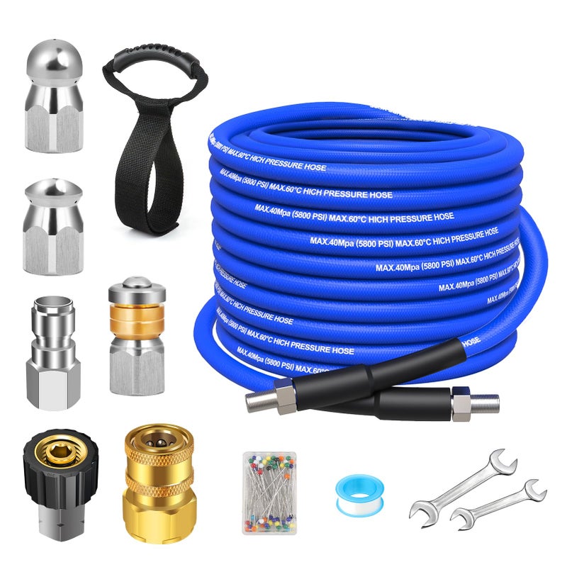 Generic 25FT Sewer Jetter Kit for Pressure Washer, 5800 PSI Water Jet Drain Cleaner Hose with Corner Rotating Button Nose Sewer Jetting Nozzle 1/4'' NPT, Sewer Jetter Nozzles Kit with Spanner Strap(Blue)  - Image 1